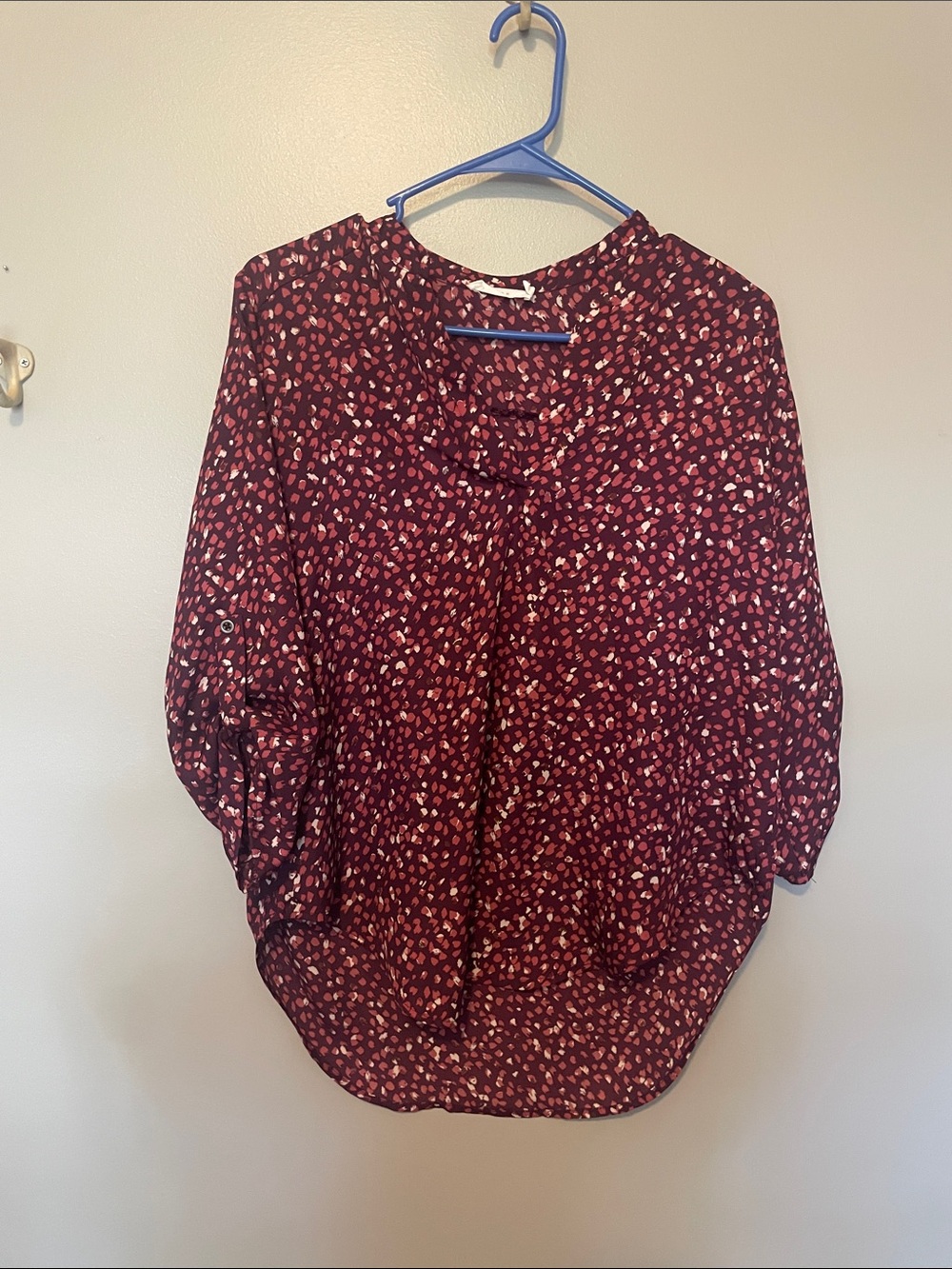 Lush Deep Burgundy Floral-Print Blouse with Button sleeves